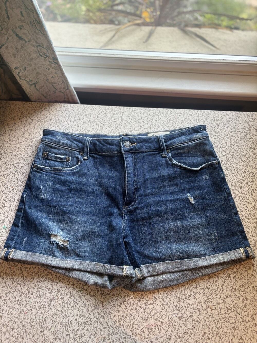 Cosmic Blue Love Sexy Distressed Dark Wash Cuffed Denim Short Shorts 30 Mid Rise